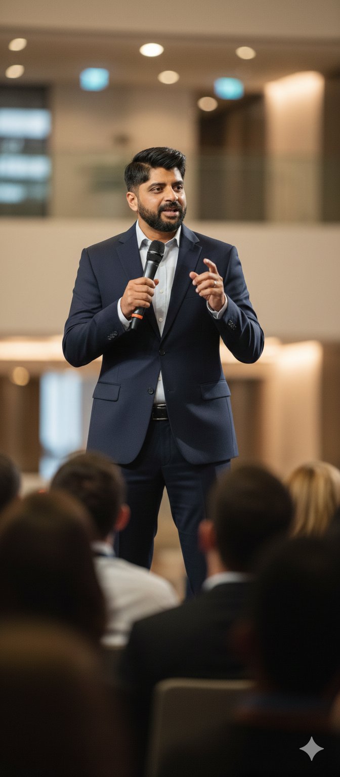 Sekhar speaking at a business event — BStrat Business Growth Coach, Dallas Texas